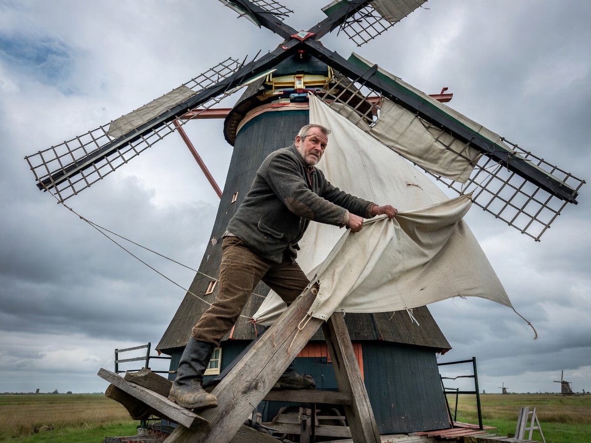 Dutch volunteer miller adjusting sail cloths on rotating windmill stocks