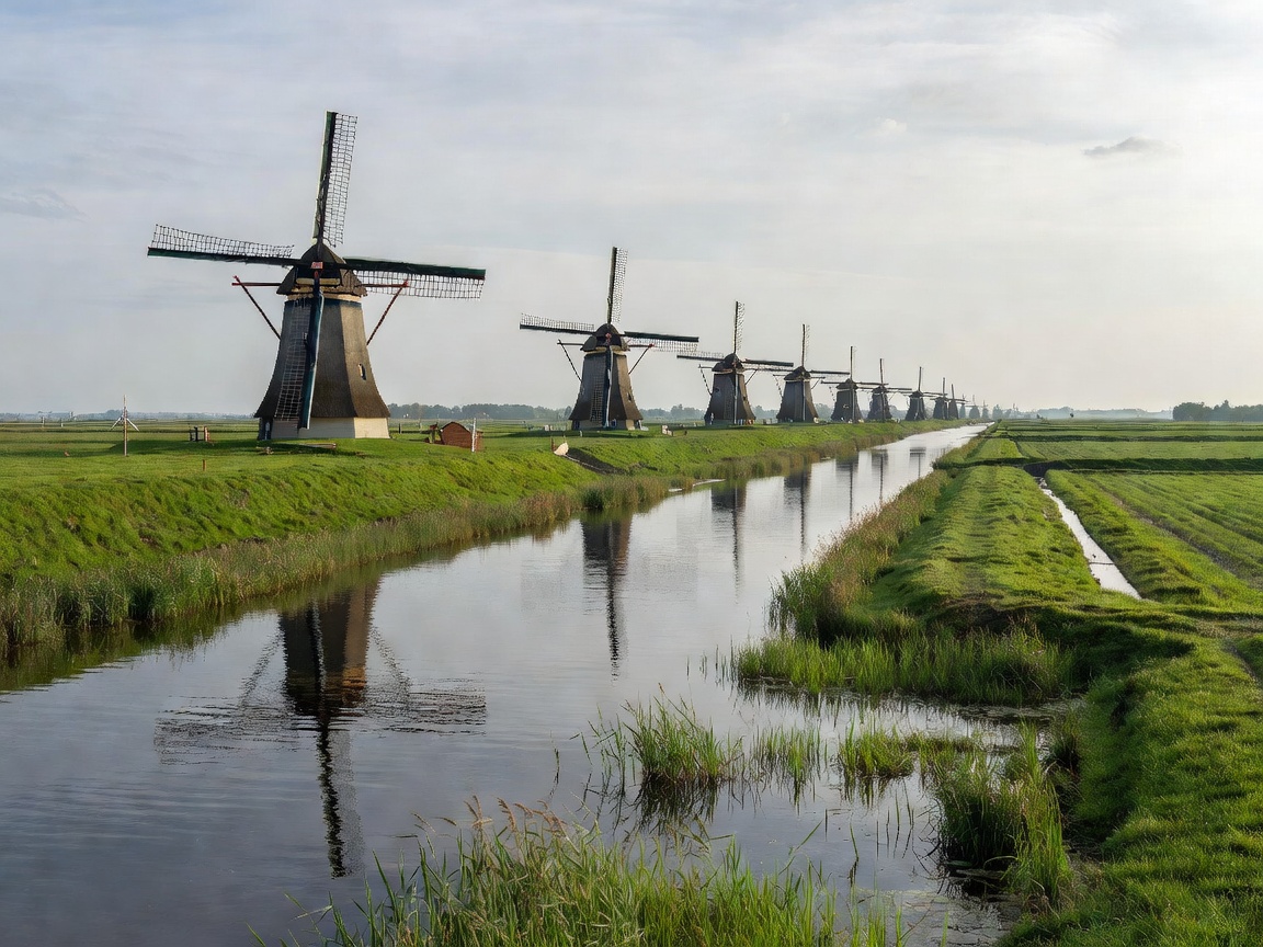 Kinderdijk historic windmill line along water canal polder