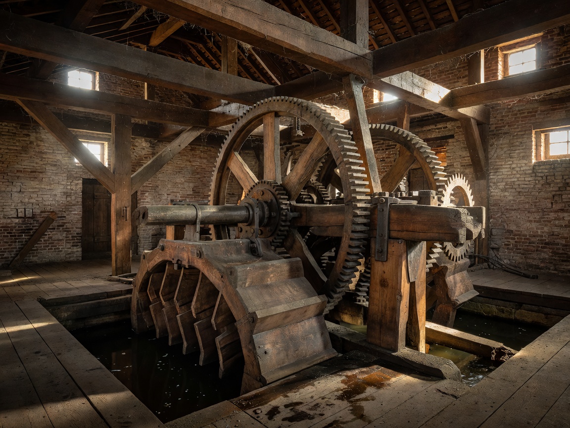 Timber scoop wheel gearing mechanism inside historic Dutch drainage mill