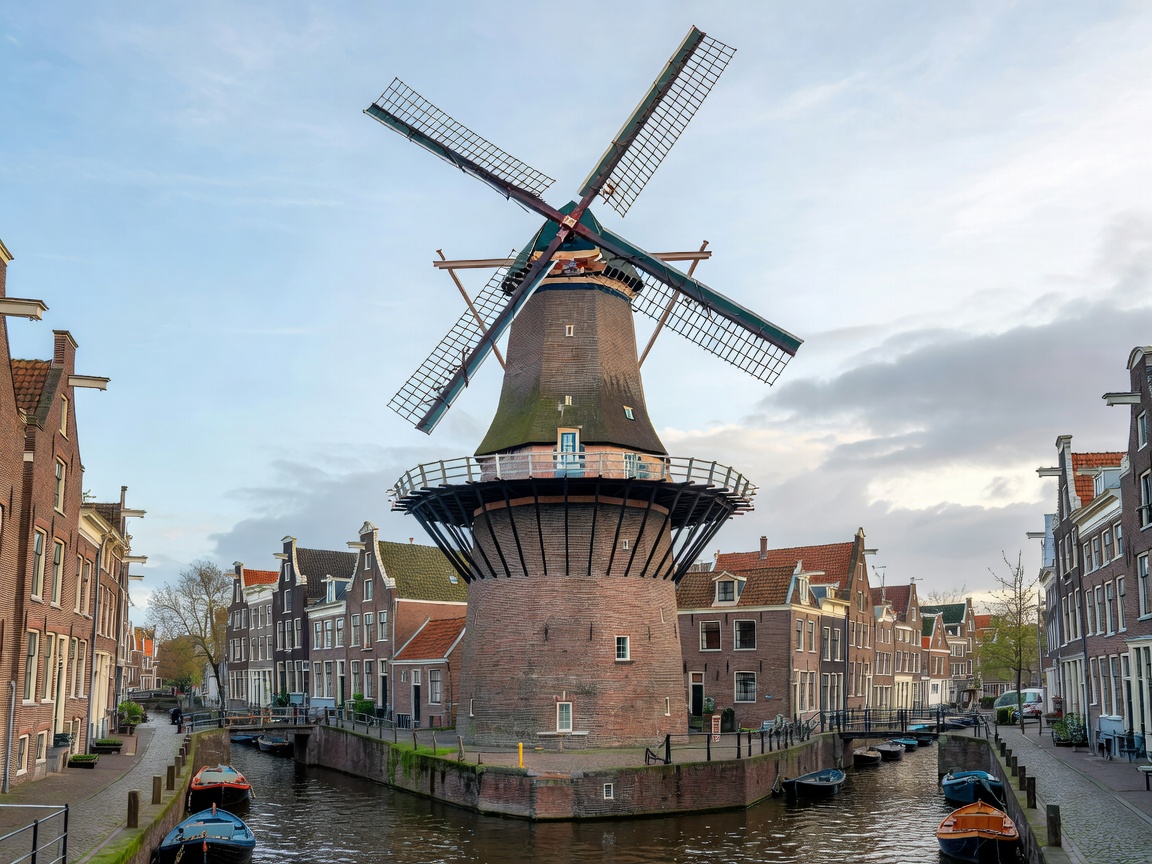 Towering brick stellingmolen grain windmill rising above canal town