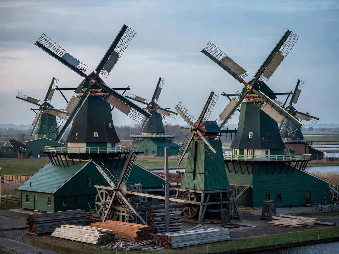 Zaanse Schans industrial green wood sawmills and oil wind engines